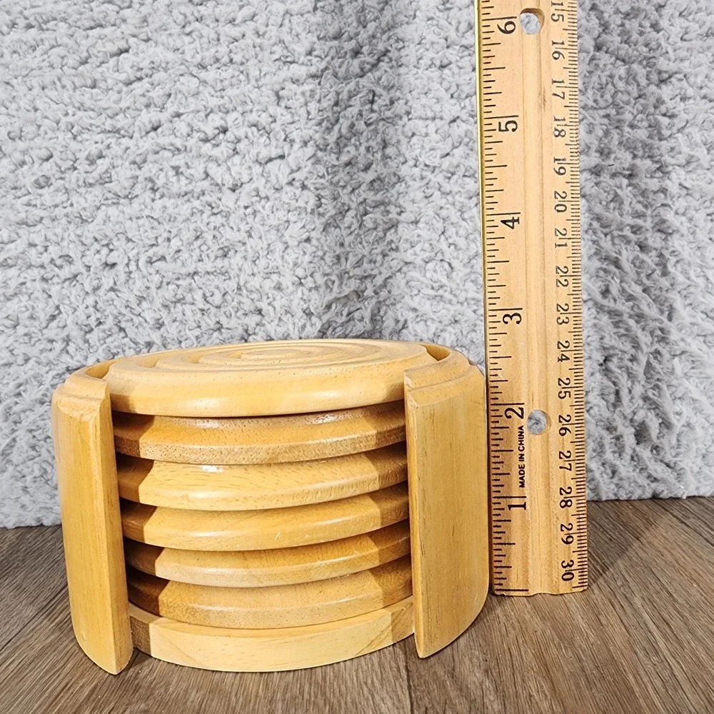 Kamenstein‎ Natural Wood Coaster Set with Caddy 6 Piece Round Concentric Rings